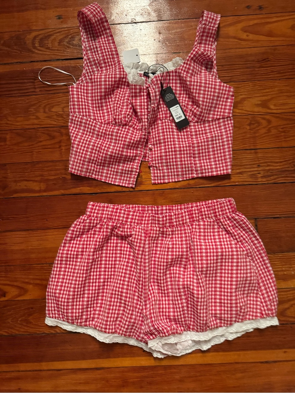 Fashion Nova Red Gingham Shorts with Lace Trim & Matching top